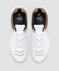 Top view of white AKIN driving shoe for car enthusiasts. 